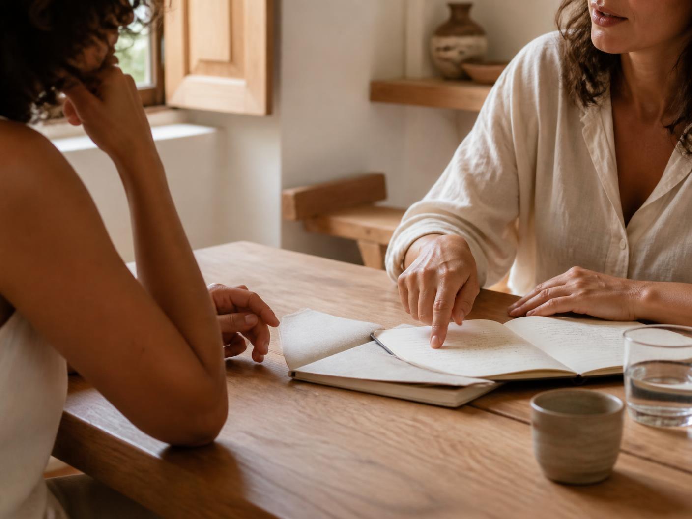 Two people reviewing notes together at a table in a calm, sunlit room